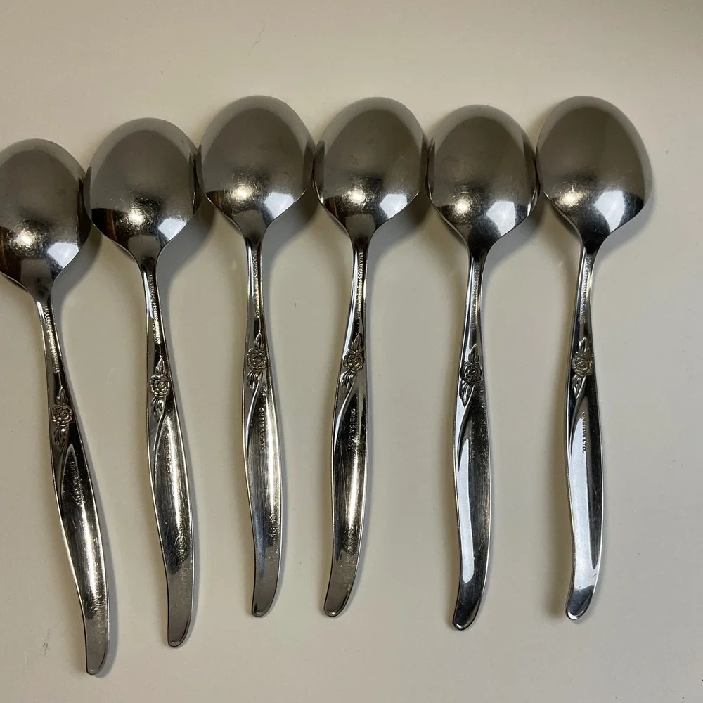 Oneida Wm A Rogers La Rose Soup Spoons Vintage Stainless Steel Set of 6 Floral